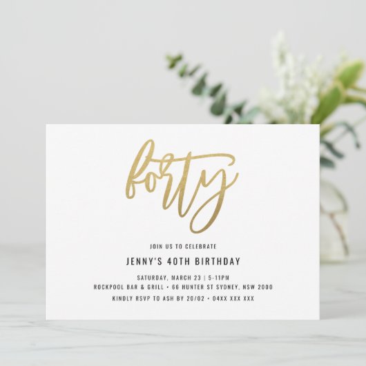 Invitation minimaliste Gold Foil 40e anniversaire (Debout devant)