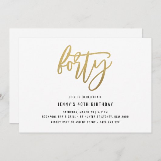 Invitation minimaliste Gold Foil 40e anniversaire (Devant / Derrière)