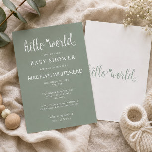 Invitation Minimaliste Hello World Baby Shower Vert Sauge