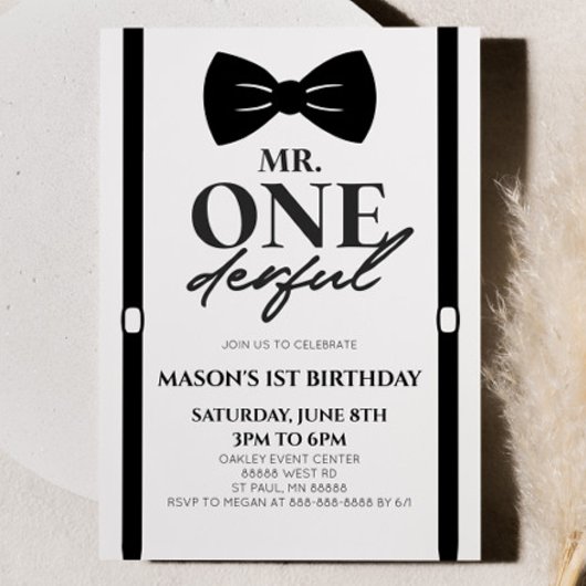 Invitation Minimaliste M. ONEderful Bowtie 1ère fête d'annive