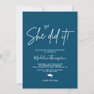 Invitation Minimaliste Marine bleu Coeur Elle l'a fait Gradua