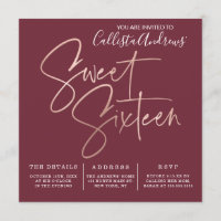 Minimaliste Maroon Rose Gold Typographie Sweet 16