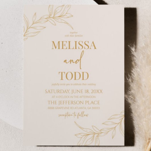 Invitation Minimaliste minimaliste Gold Beige Branche Mariage