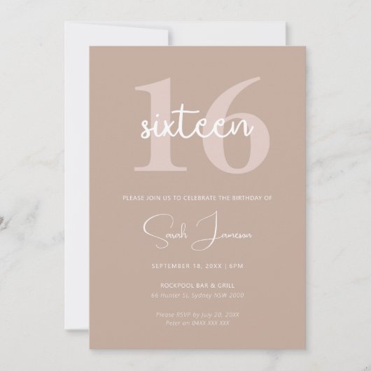 Invitation minimaliste moderne 16e anniversaire de (Devant)