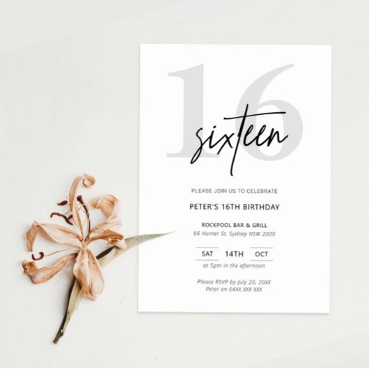 Invitation minimaliste moderne 16e anniversaire de