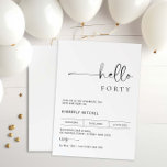 Invitation minimaliste moderne 40e anniversaire de<br><div class="desc">Cette invitation minimaliste à la fête du 40ème anniversaire de typographie est parfaite pour une fête d'anniversaire moderne. Le design simple est composé d'une typographie minimaliste classique en noir et blanc et d'une touche moderne. Personnalisable dans n'importe quelle couleur. Gardez le design minimal et élégant, en l'état, ou personnalisez-le en...</div>