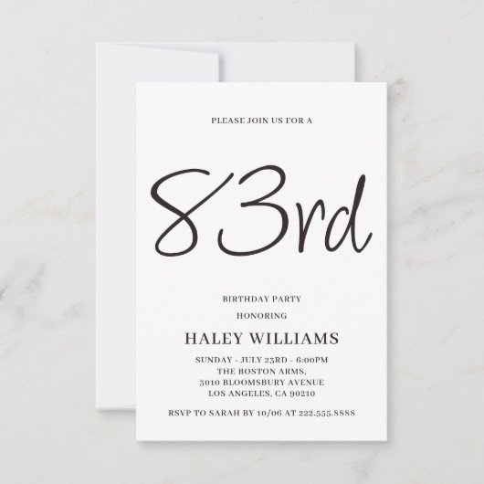 Invitation Minimaliste Moderne Calligraphie Simple 83e annive (Devant)