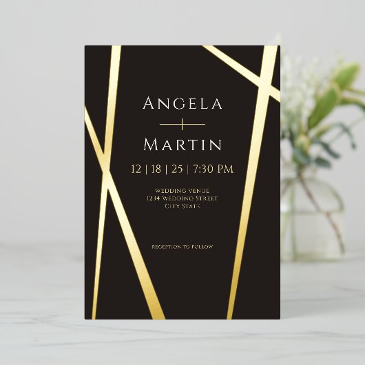 Invitation minimaliste moderne Gold Black Foil (Debout devant)