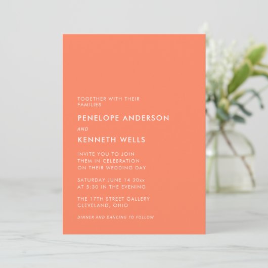 Invitation Minimaliste moderne Mariage électrique Tangerine (Debout devant)