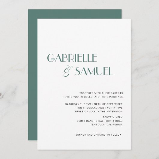 Invitation minimaliste moderne Mariage vert foncé (Devant / Derrière)