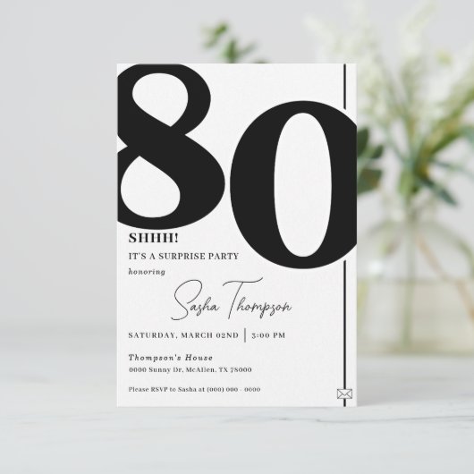 Invitation minimaliste moderne noire 80e anniversa (Debout devant)