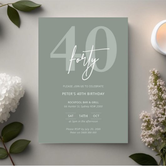 Invitation Minimaliste moderne Sage 40e fête d'anniversaire