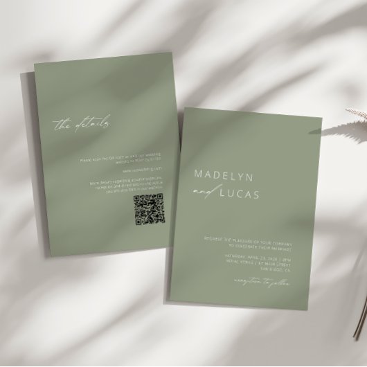 Invitation Minimaliste moderne Sage vert QR Code Mariage