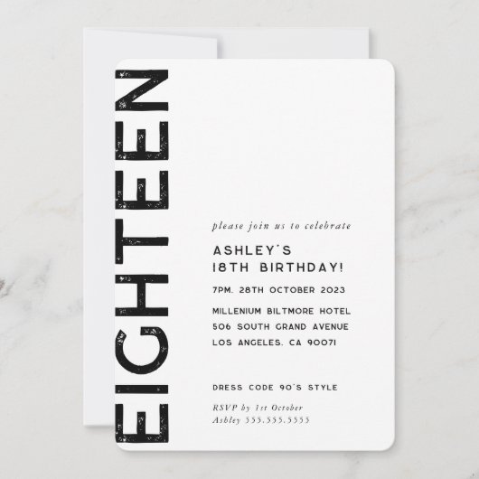 Invitation MINIMALISTE moderne simple 18 ans (Devant)