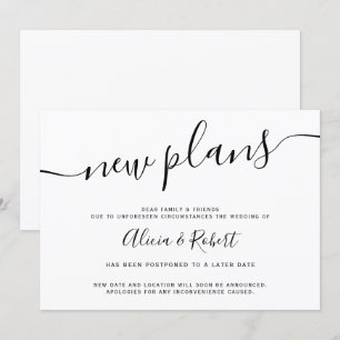 Invitation minimaliste noir blanc script reporté nouveaux pla