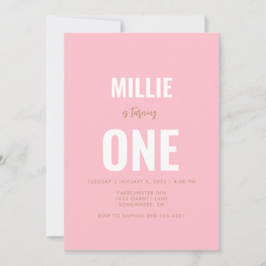 Invitation minimaliste rose 1er anniversaire (Devant)