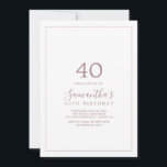 Invitation minimaliste Rose Gold 40th Birthday<br><div class="desc">Cette invitation minimaliste de 40ème anniversaire en or rose est parfaite pour une simple fête d'anniversaire. Le design romantique moderne est composé d'or rose classique et de typographie blanche associée à une calligraphie rustique mais élégante avec un style vintage lettré à la main. Personnalisable dans n'importe quelle couleur. Gardez le...</div>