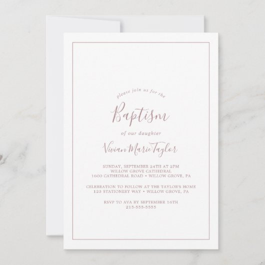 Invitation minimaliste Rose Gold Baptism (Devant)