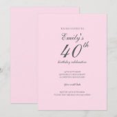 Invitation minimaliste rose pour 40e anniversaire (Devant / Derrière)