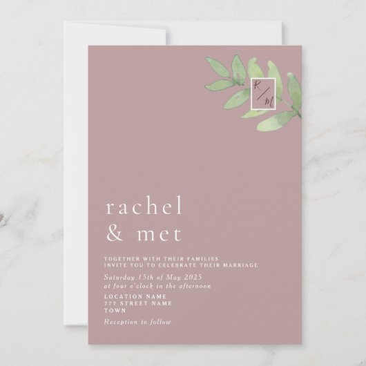 Invitation Minimaliste Rose Poussiéreuse avec Feui (Devant)