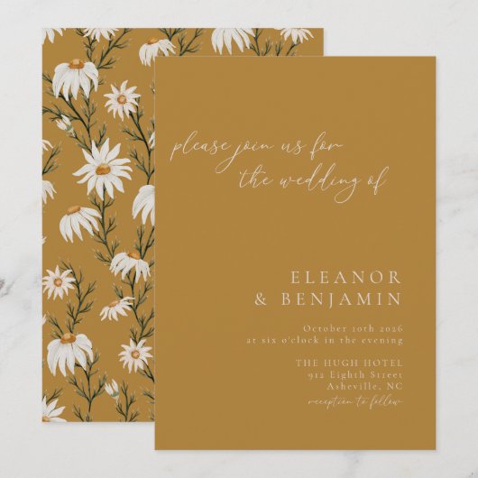 Invitation Minimaliste Russe Floral Mustard Jaune Mariage (Devant / Derrière)