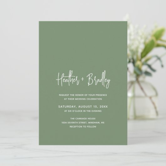 Invitation Minimaliste Sage Vert Mariage moderne (Debout devant)
