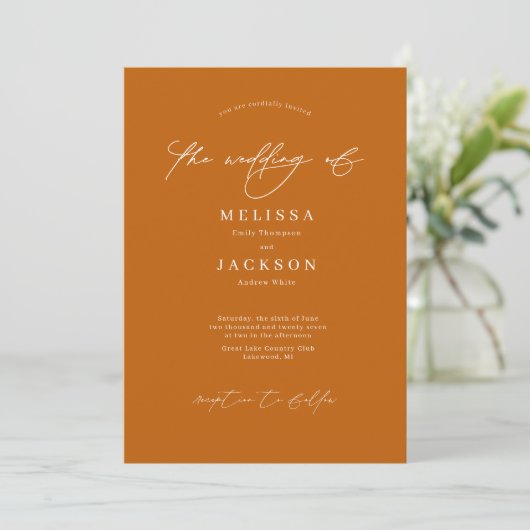 Invitation Minimaliste scénarisé Mariage jaune moutarde (Debout devant)