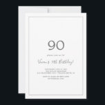 Invitation minimaliste Silver 90th Birthday Party<br><div class="desc">Cette invitation minimaliste à la fête du 90e anniversaire en argent est parfaite pour une simple fête d'anniversaire. Le design romantique moderne présente une typographie gris argenté et blanc classique associée à une calligraphie rustique mais élégante avec un style vintage lettré à la main. Personnalisable dans n'importe quelle couleur. Gardez...</div>