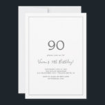 Invitation minimaliste Silver 90th Birthday Party<br><div class="desc">Cette invitation minimaliste à la fête du 90e anniversaire en argent est parfaite pour une simple fête d'anniversaire. Le design romantique moderne présente une typographie gris argenté et blanc classique associée à une calligraphie rustique mais élégante avec un style vintage lettré à la main. Personnalisable dans n'importe quelle couleur. Gardez...</div>