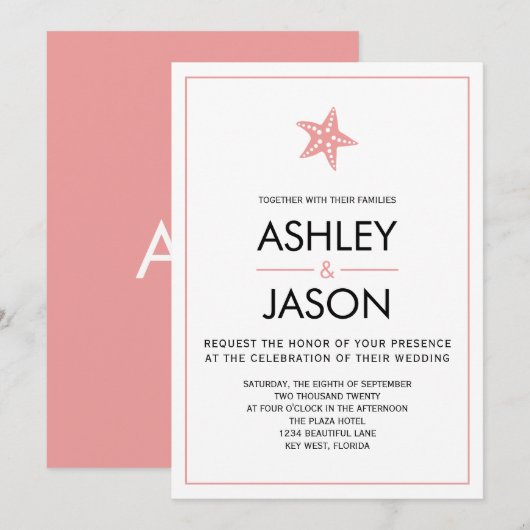 Invitation Minimaliste Starfish Beach Wedding, Ros (Devant / Derrière)