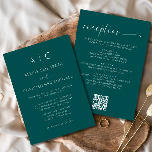 Invitation Minimaliste vert turquoise tout en un code QR Mari
