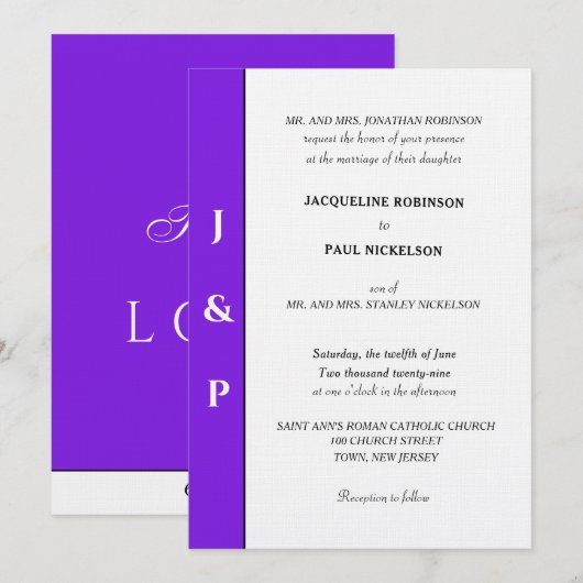 Invitation Minimaliste Violet Monogramme Blanc  (Devant / Derrière)