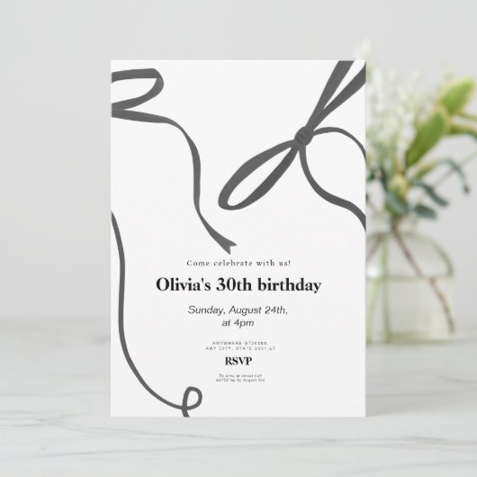 Invitation Minimalst black bow 30th birthday (Debout devant)