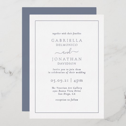 Invitation minime Mariage bleu poussiéreux à huile (Recto/Verso)