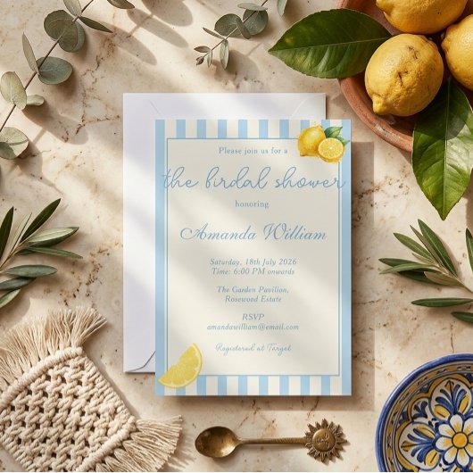 Invitation Minimes Rayures Bleu Clair Citrons Réception de Ma