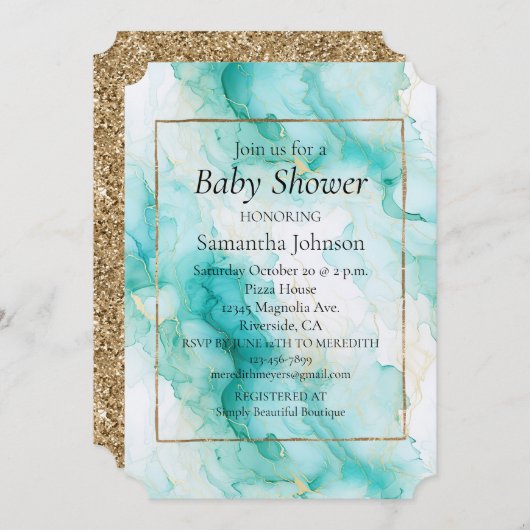 Invitation Mint Aqua Glam Elegant Marbre Or (Devant / Derrière)