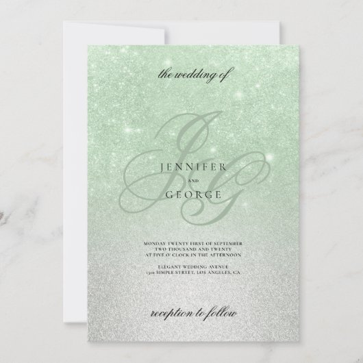 Invitation Mint argent monogramme initial ombre parties scint (Devant)