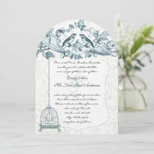 Invitation Mint Bird Cage Chêne Vintage Birds Scroll Mariage
