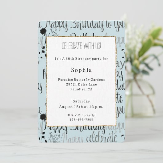 Invitation Mint Birthday Celebration Balloons Confetti  (Debout devant)