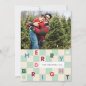 Invitation Mint Checkerboard Merry & Bright Christmas Card (Devant)