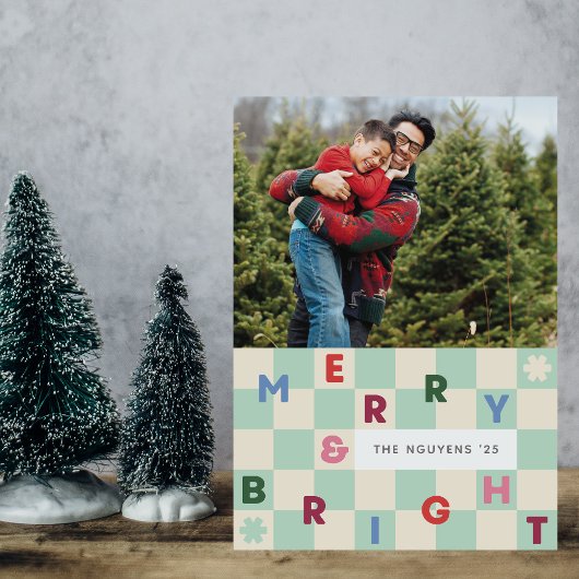 Invitation Mint Checkerboard Merry & Bright Christmas Card