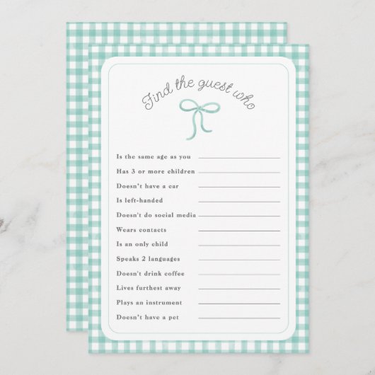 Invitation Mint en vichy Trouvez le jeu de douche Guest Who (Devant / Derrière)