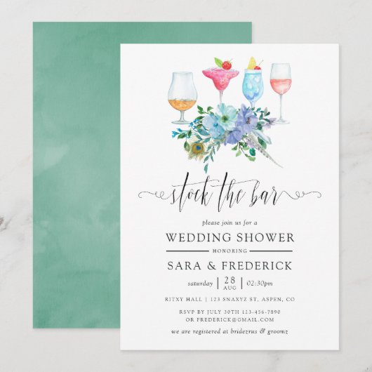Invitation Mint et bleu boho floral Stock le bar (Devant / Derrière)