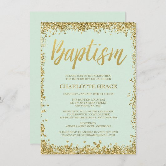 Invitation Mint Gold Faux Parties scintillant Baptême Invitat (Devant / Derrière)