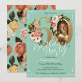 Invitation Mint Gold Floral Boho Photo personnalisée 60e anni (Devant / Derrière)