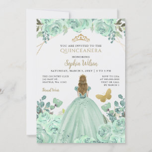 Invitation Mint Gold Floral Princess Quinceañera Quince