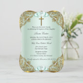 Invitation Mint Gold Pearl Damask Cross Baptism Christening (Debout devant)