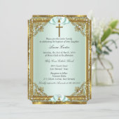 Invitation Mint Gold Pearl Damask Cross Baptism Christening 2 (Debout devant)