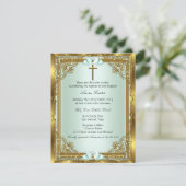 Invitation Mint Gold Pearl Damask Cross Baptism Christening 3 (Debout devant)