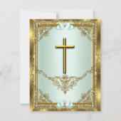 Invitation Mint Gold Pearl Damask Cross Baptism Christening 3 (Dos)
